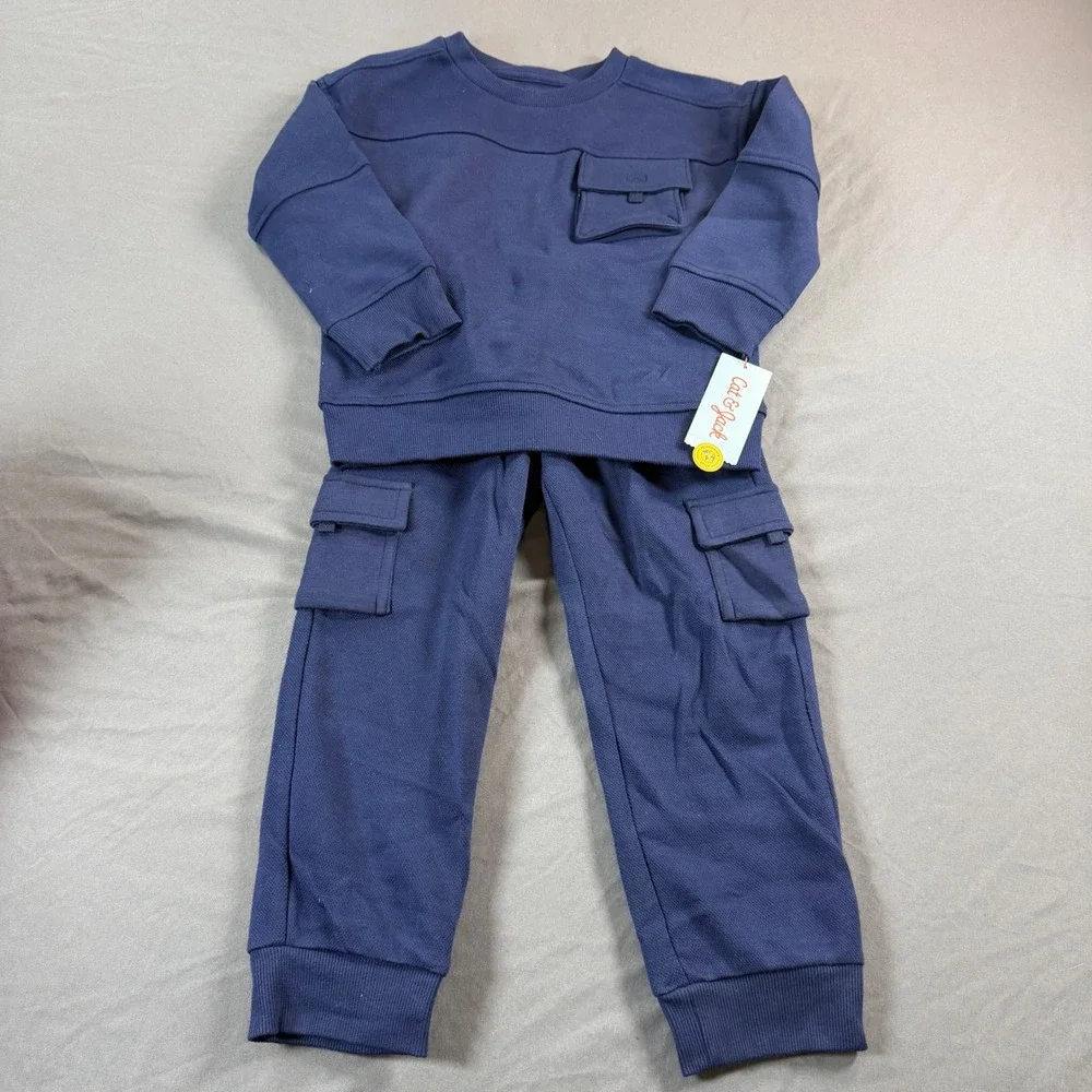 Cat & Jack Toddler Boys 2pc Cargo Sweatshirt and Jogger Set Navy Blue 4T NEW